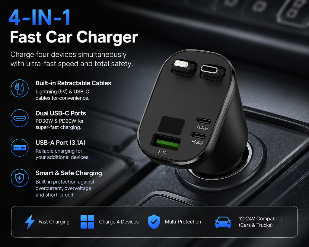 4-in-1 Retractable High-Speed Fast Car Charger